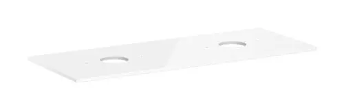 Weiße Konsole von Hansgrohe mit zwei Ausschnitten. Eignet sich für einen Aufsatzwaschtisch. Flache, rechteckige Form ohne Hahnloch.